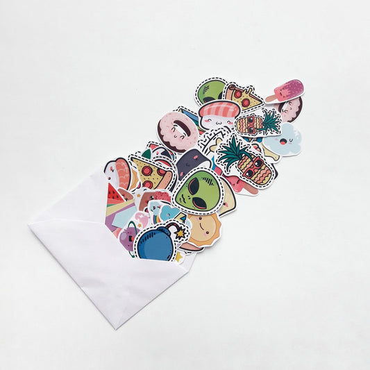 An array of colorful cartoon stickers spilling out of a white envelope, featuring food and fun designs.