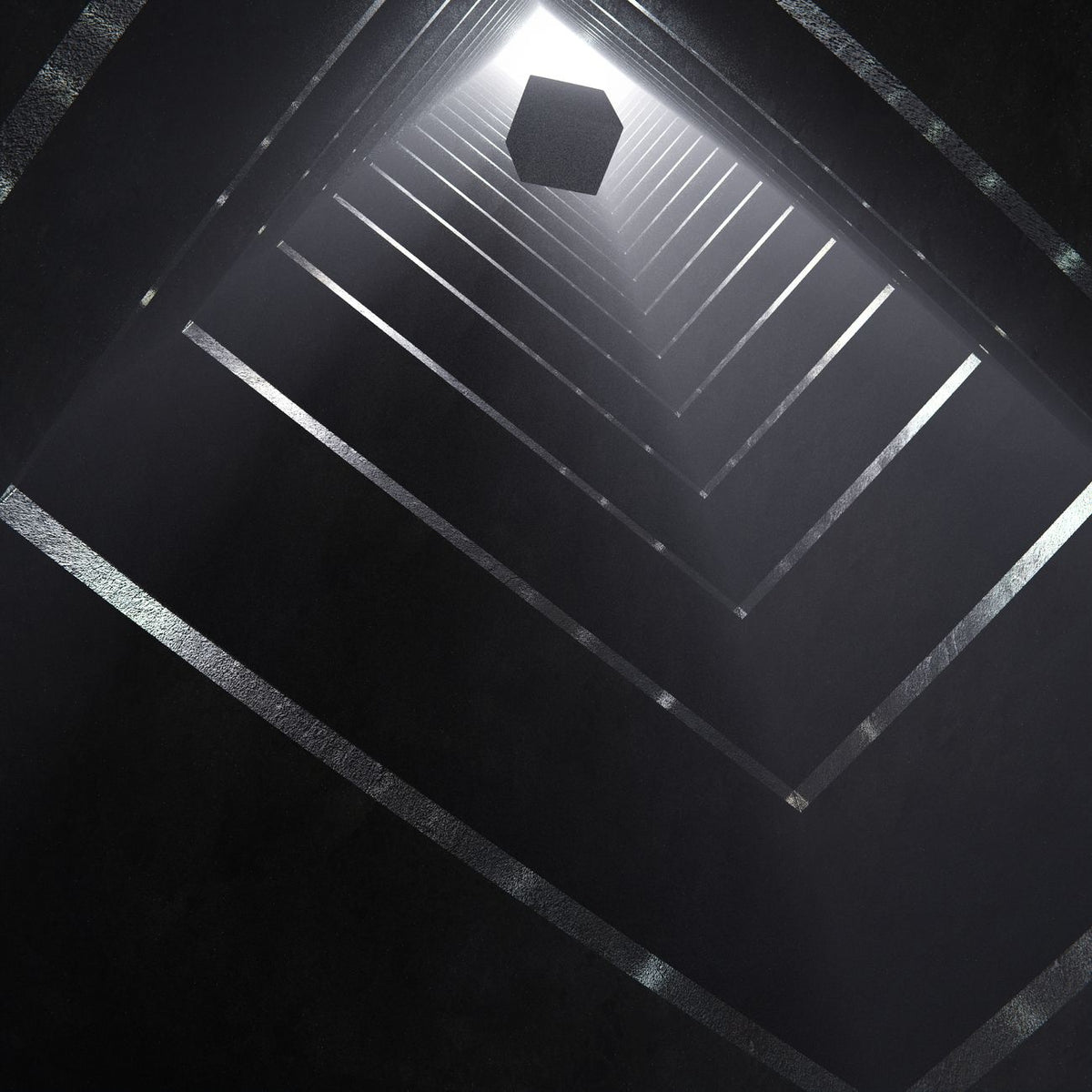 A surreal image featuring a floating cube in a dark, geometric tunnel with dramatic lighting.