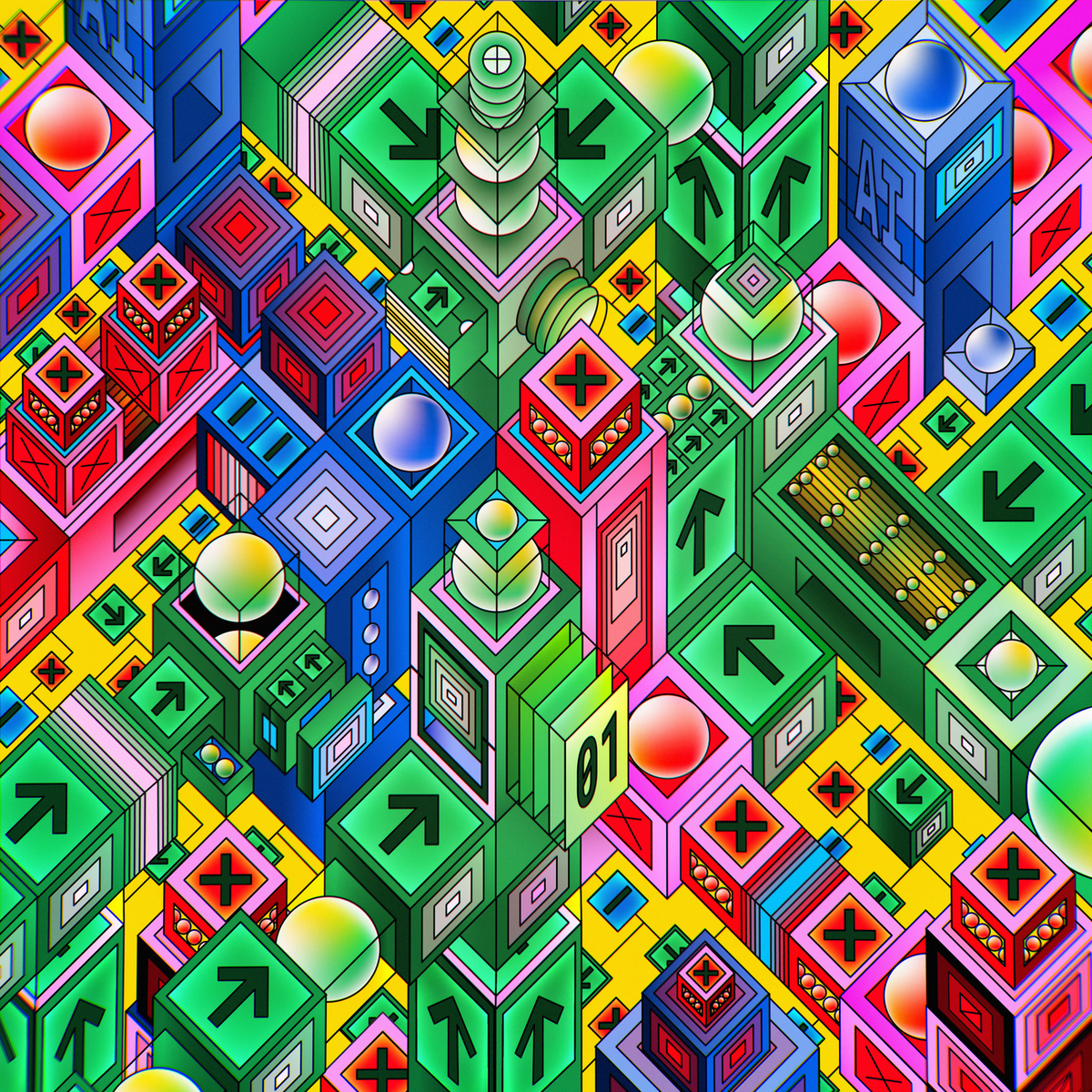 Vibrant isometric illustration of futuristic tech cityscape with AI elements.