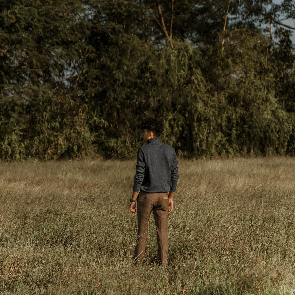 A man standing in a grassy meadow surrounded by trees, facing away, in a rural setting.