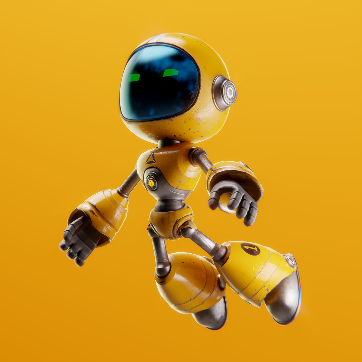 A small, yellow robot floating with a vibrant orange backdrop. Futuristic and playful design.