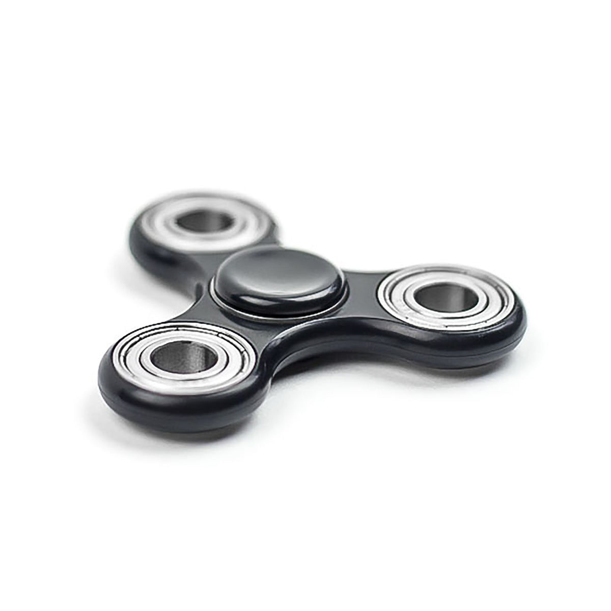 A sleek black fidget spinner with metal bearings posed on a clean white background.